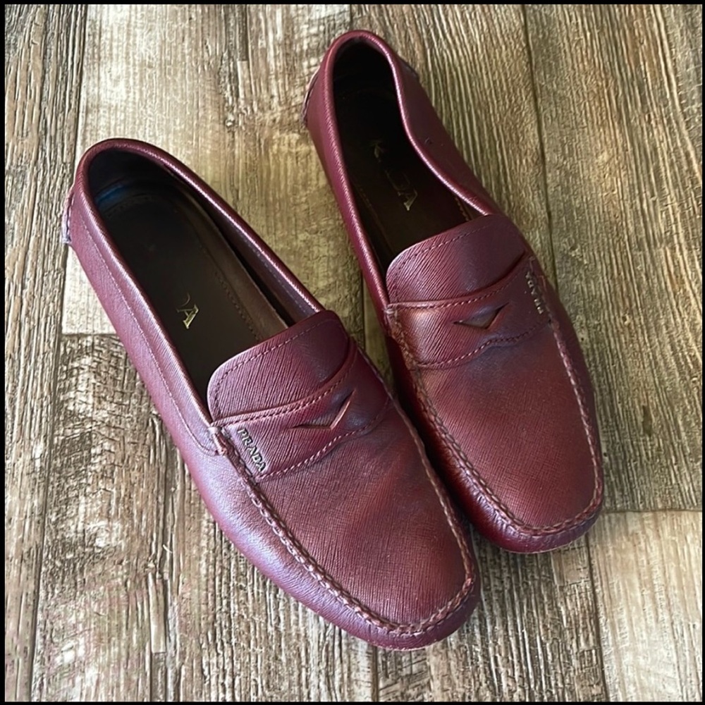 PRADA Men's Brown Leather Bridal Loafers slip on, Size 9